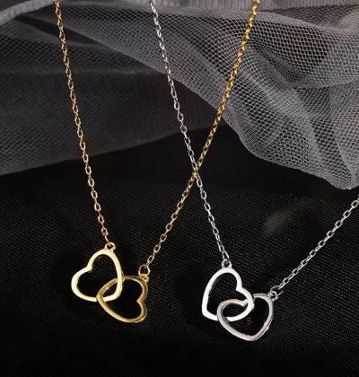 Simple Double Hollow Heart Pendant Necklace For Women Stainless Steel Metal Stylish Choker Valentine's Gift