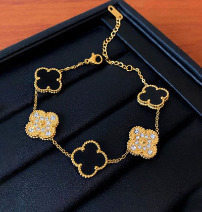 Stainless Steel Gold-Plated Multicolor AD studded Clover Link Bracelet For Women