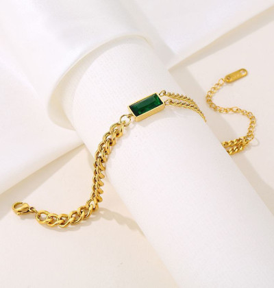 Stainless Steel Vintage Green Zircon Square Asymmetry Charm Bracelet Fashion High Jewelry Party Gift