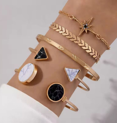 Chic Women's Bangle Bracelet Set - Black & White Stone Design, Matching Chain Bracelets