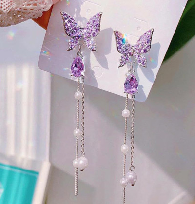 Purple Earrings Butterfly Earrings for Women Pearl Crystal Rhinestone Bunch Drop Earrings Long Butterfly Tassel Dangle Earrings Wedding Jewelry Gifts