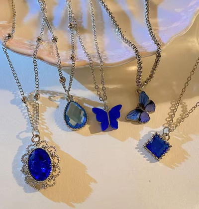 Crystal Butterfly Necklace Set 5 Pieces Trendy Irregular Geometric Choker Silver Color Chain Heart Animal Jewelry for Women