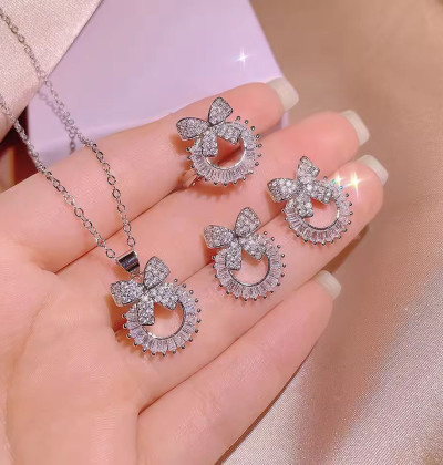 Fashion Jewelry Three Piece Set Cute Butterfly Circle Shiny Zircon Hoop Earrings Ring Necklace for Women