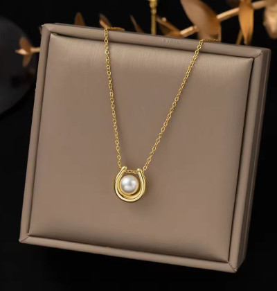 Stainless Steel U-shape Pearl Pendant Necklace For Women Girls Gold Color Classy Clavicle Chain Engagement Party Jewelry Gifts