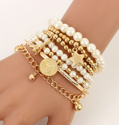 6 Pcs/set Eiffel Tower Pearl Retro Bracelet Punk Coin Pearl Star Multilayer Elastic Beaded Bracelets Set for Women