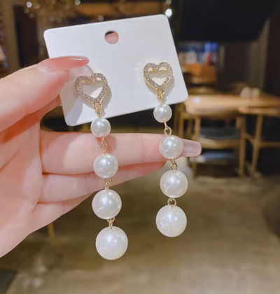 Gold Pearl Drop Earrings Long Pearl Chain Dangle Earrings Faux Pearl Tassel Earrings CZ Diamond Heart Pearl Stud Earrings Wedding Bridal Earrings Jewelry for Women