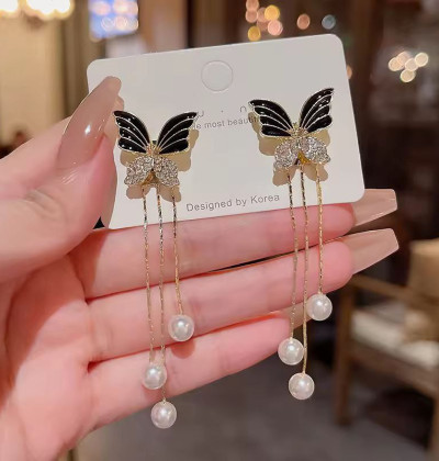 Korean Style Crystal Butterfly Drop Earring Long Tassel Rhinestone Dangle Earrings for Women Party Statement Earrings Jewelry