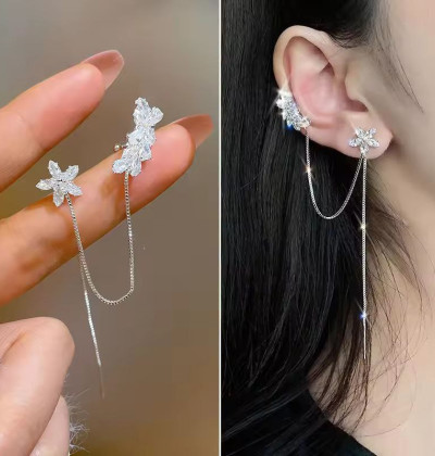 New Fashion Shiny Rhinestone Clip Earrings For Women Girls One Side Ear Cuff Tassel No Pierced Flowers Long Tassel Ear Clip