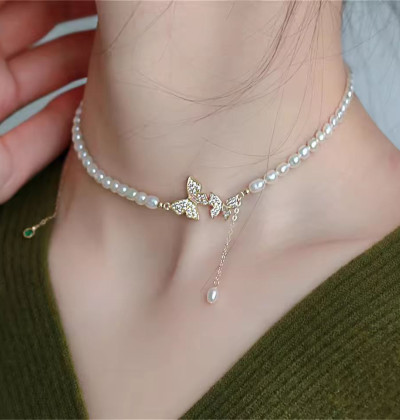 Pearl Choker Necklace For Women Girls Dainty Double Rhinestone Butterfly Necklace Wedding Party Jewelry