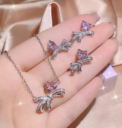 Three-piece pink heart bow zircon jewelry set for women, elegant ring necklace, wedding bridal jewelry sets for women